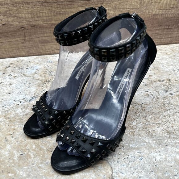 Manolo Blahnik Black Studded Leather Heels Sandals Womens Ankle Strap Size 39 - Picture 3 of 12